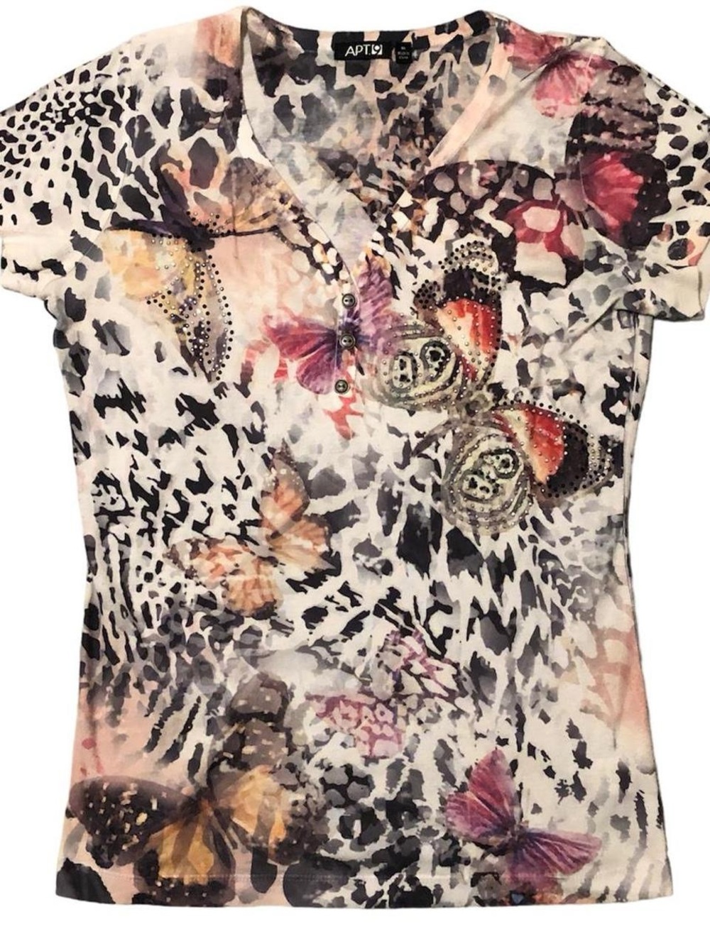 Apt. 9 White Multi-Color Butterfly & Animal Print V-Neck Tee